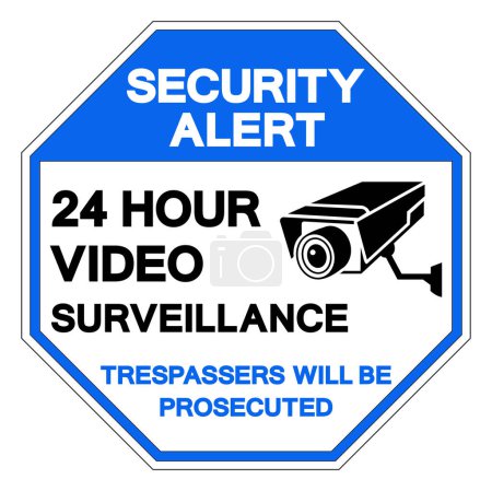 Téléchargez les illustrations : Alerte à la sécurité Signe de symbole de surveillance vidéo 24 heures sur 24, illustration vectorielle, isoler sur l'étiquette de fond blanche. PSE10 - en licence libre de droit