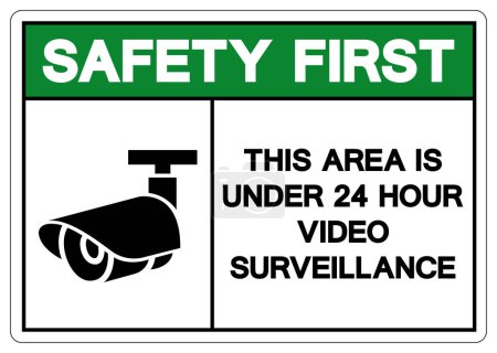 Téléchargez les illustrations : Sécurité d'abord Cette zone est inférieure à 24 heures Symbole de surveillance vidéo signe, illustration vectorielle, isoler sur l'étiquette de fond blanc. PSE10 - en licence libre de droit