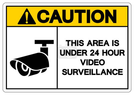 Téléchargez les illustrations : Attention Cette zone est inférieure à 24 heures Symbole de surveillance vidéo signe, illustration vectorielle, isoler sur l'étiquette de fond blanc. PSE10 - en licence libre de droit