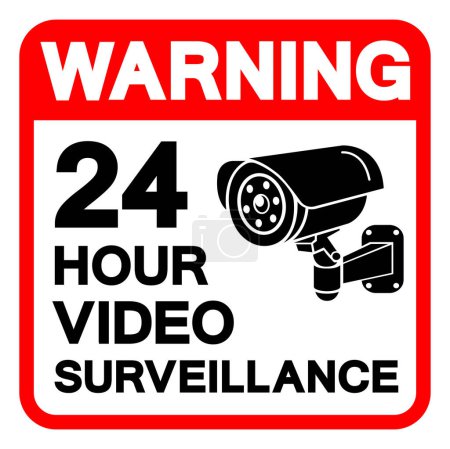 Warnzeichen für 24 Stunden Videoüberwachung, Vektorillustration, Isoliert auf weißem Hintergrundetikett. EPS10 