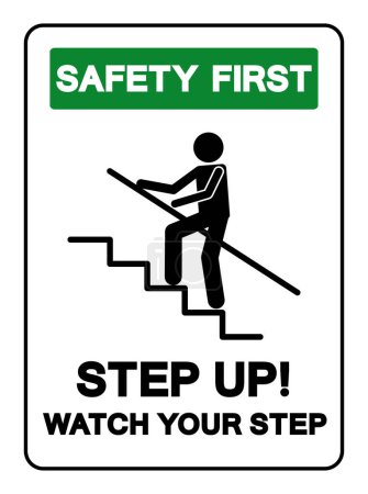 Téléchargez les illustrations : Première étape de sécurité Regardez votre signe de symbole d'étape, illustration vectorielle, isolez-vous sur l'étiquette de fond blanche .EPS10 - en licence libre de droit