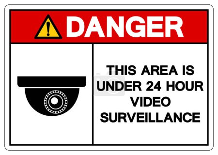 Téléchargez les illustrations : Danger Cette zone est inférieure à 24 heures Signe de symbole de surveillance vidéo, illustration vectorielle, isoler sur l'étiquette de fond blanc. PSE10 - en licence libre de droit