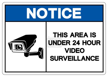 Téléchargez les illustrations : Remarquez que cette zone est inférieure à 24 heures Symbole de surveillance vidéo signe, illustration vectorielle, isoler sur l'étiquette de fond blanc.EPS10 - en licence libre de droit