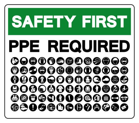 Seguridad Primero EPI requerido símbolo signo, ilustración vectorial, aislado en la etiqueta de fondo blanco.