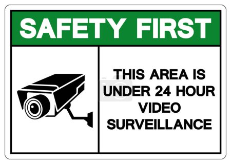 Téléchargez les illustrations : Sécurité d'abord Ce domaine est sous 24 heures Signe de symbole de surveillance vidéo, Illustration vectorielle, Isoler sur l'étiquette de fond blanche.EPS10 - en licence libre de droit