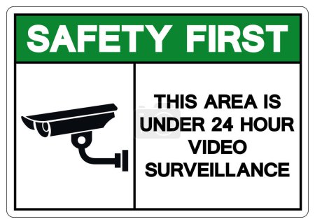Téléchargez les illustrations : Sécurité d'abord Ce domaine est sous 24 heures Signe de symbole de surveillance vidéo, Illustration vectorielle, Isoler sur l'étiquette de fond blanche.EPS10 - en licence libre de droit