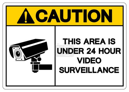 Téléchargez les illustrations : Attention Cette zone est sous 24 heures Signe de symbole de surveillance vidéo, Illustration vectorielle, Isoler sur l'étiquette de fond blanc.EPS10 - en licence libre de droit