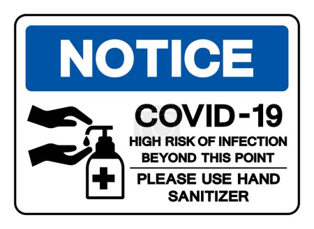 Illustration for Notice Covid-19 High Risk Of Infection Beyond This Point Please Use Hand Sanitizer Symbol Sign, Vector Illustration, Isolate On White Background Label.EPS10 - Royalty Free Image