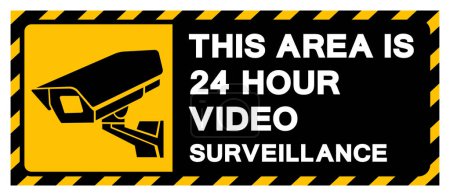 Téléchargez les illustrations : Cette zone est le signe de symbole de surveillance vidéo de 24 heures, illustration vectorielle, isolement sur l'étiquette de fond blanche.EPS10 - en licence libre de droit