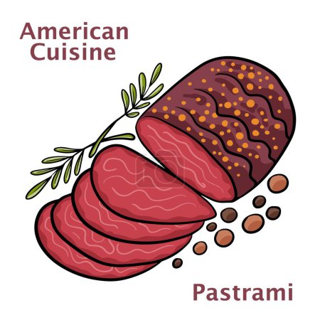 Ilustración de Pastrami de ternera fresca en rodajas, carne asada sobre fondo blanco / comida americana - Imagen libre de derechos