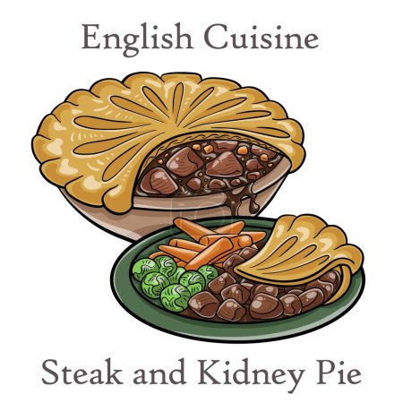 Steak und Kidney Pie auf weißem Hintergrund aufschneiden. Rindfleischkuchen mit Gemüse und Soße