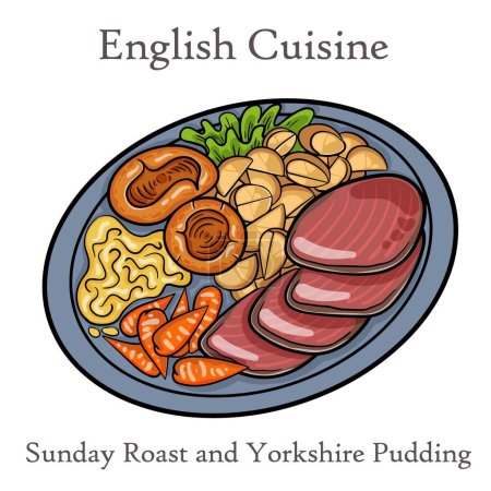 Ilustración de Cena asada con ternera, zanahorias, coles de Bruselas y budín de yorkshire sobre fondo blanco - Imagen libre de derechos