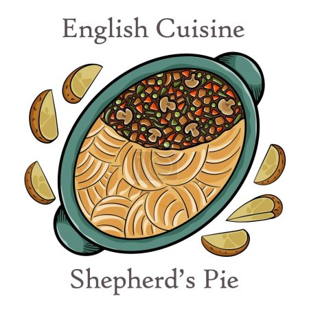 Illustration for Shepherd's pie, traditional British dish with minced meat, vegetables and mashed potatoes. - Royalty Free Image