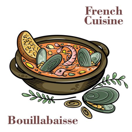 Illustration for Freshly cooked seafood bouillabaisse soup with shrimps, fish fillets and mussels closeup in a bowl. - Royalty Free Image