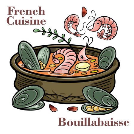 Illustration for Freshly cooked seafood bouillabaisse soup with shrimps, fish fillets and mussels closeup in a bowl. - Royalty Free Image