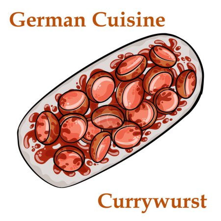 Illustration for Traditional German currywurst sausage, served with chips or French fries in a pan. - Royalty Free Image