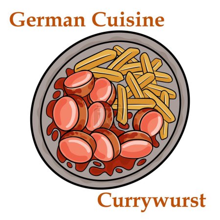 Illustration for Traditional German currywurst sausage, served with chips or French fries in a pan. - Royalty Free Image