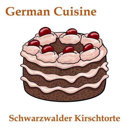 Téléchargez les illustrations : Schwarzwalder kirschtorte. Dessert traditionnel allemand sur fond blanc - en licence libre de droit