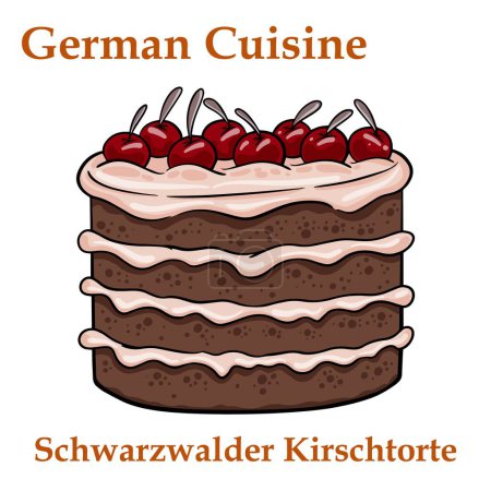 Téléchargez les illustrations : Schwarzwalder kirschtorte. Dessert traditionnel allemand sur fond blanc - en licence libre de droit