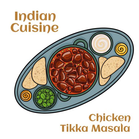 Illustration for Chicken tikka masala curry with rice and naan bread - Royalty Free Image