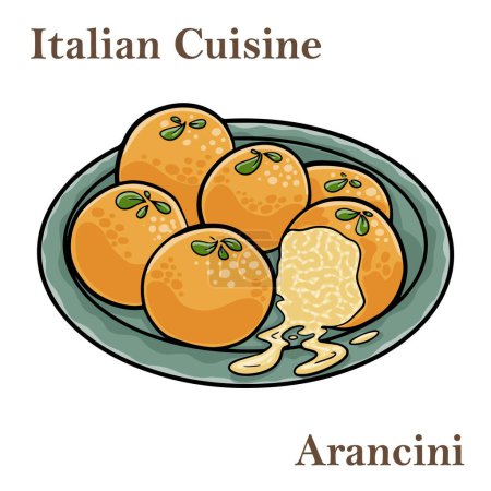 Ilustración de Arancini frito casero con albahaca y Marinara sobre un fondo blanco, vista lateral. Bolas de arroz italianas. - Imagen libre de derechos