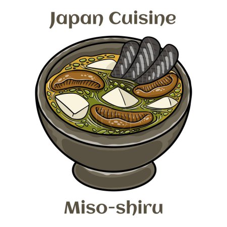 Illustration for Bowl with miso soup, wakame seaweed, miso pasta, tofu  on a white background. - Royalty Free Image