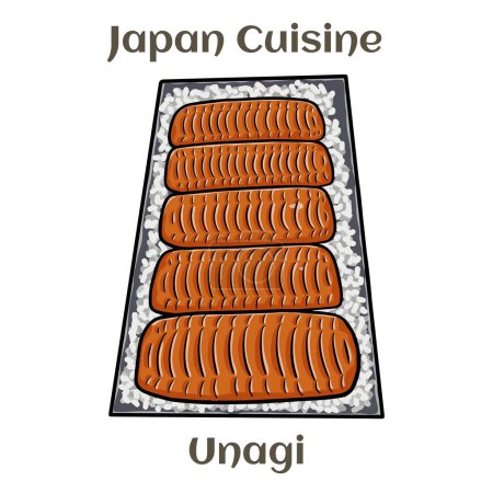 Illustration for Bowl of rice topped with broiled eel in unagi sauce. - Royalty Free Image