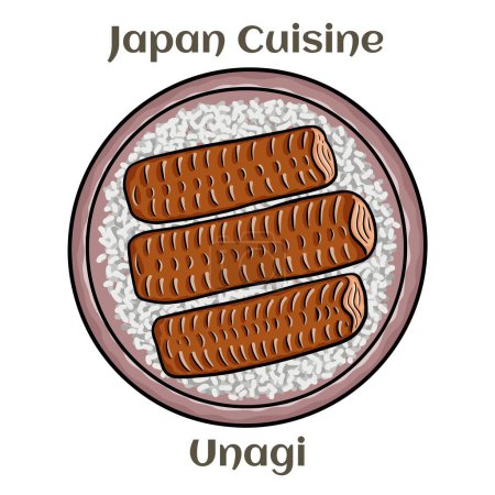 Illustration for Bowl of rice topped with broiled eel in unagi sauce. - Royalty Free Image