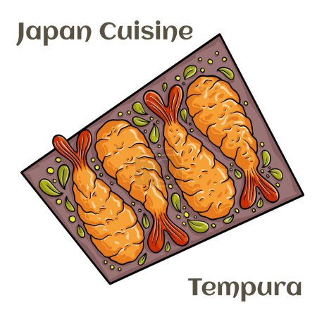 Illustration pour Crevettes savoureuses au tempura avec sauce sur fond blanc. - image libre de droit