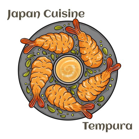 Illustration pour Crevettes savoureuses au tempura avec sauce sur fond blanc. - image libre de droit