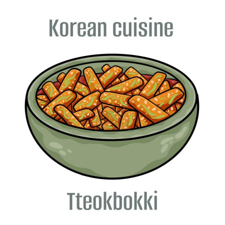 Illustration for Tteokbokki. It is usually made with rice cake and red chili paste. Fish cake, boiled egg, noodles or fried dumplings. Korean Cuisine. - Royalty Free Image