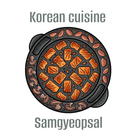 Illustration for Samgyeopsal. This barbecue involves fatty slices of pork belly that is usually served unseasoned and not marinated. Korean Cuisine. - Royalty Free Image