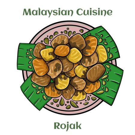 Illustration for Rojak.Salad of mixed vegetables and fruits, drizzled with sauce comprising local prawn paste, sugar and lime. Malaysian Cuisine. - Royalty Free Image