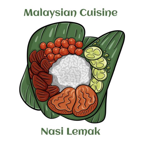 Illustration for Nasi Lemak. Rice dish cooked in coconut milk and pandan leaf. Malaysian Cuisine. - Royalty Free Image