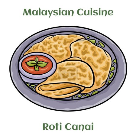Illustration for Roti Canai. A form of puffed bread served hot with curry or dhal. Malaysian Cuisine. - Royalty Free Image