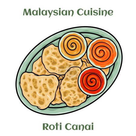 Illustration for Roti Canai. A form of puffed bread served hot with curry or dhal. Malaysian Cuisine. - Royalty Free Image