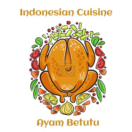 Ilustración de Ayam Betutu comida indonesia. Pollo entero relleno con hojas de yuca de condimento balinés. Servido con Sambal Matah y cacahuetes asados. - Imagen libre de derechos