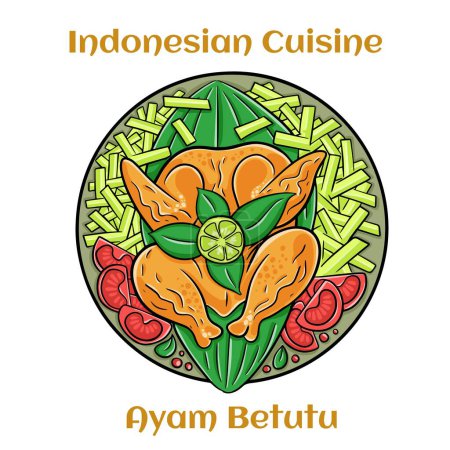 Ilustración de Ayam Betutu comida indonesia. Pollo entero relleno con hojas de yuca de condimento balinés. Servido con Sambal Matah y cacahuetes asados. - Imagen libre de derechos