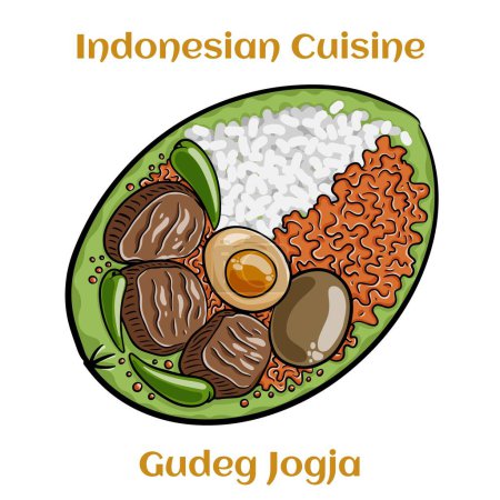 Téléchargez les illustrations : Gudeg jogja avec oeuf, avec différents types de viande et de légumes. Alimentation traditionnelle indonésienne - en licence libre de droit