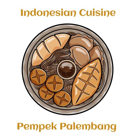 Illustration for Pempek Palembang. Savory fish cakes in spicy vinegar sauce from Indonesian .Served with noodles and cucumbers in small ceramic bowls - Royalty Free Image