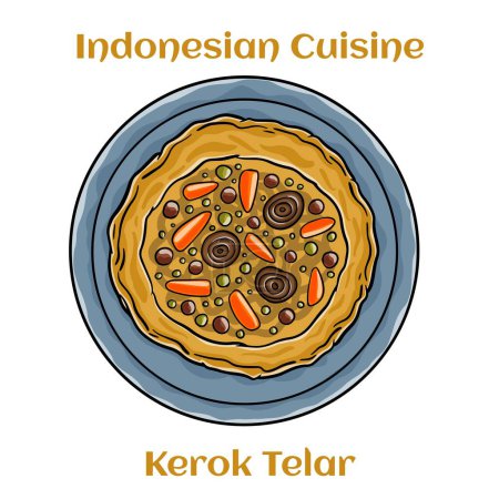 Illustration for Kerak Telor. Traditional food from Betawi, Jakarta. Crusty sticky rice omelette with roasted grated coconut and ground dried shrimp mixture and fried shallot served on earthenware plate. - Royalty Free Image