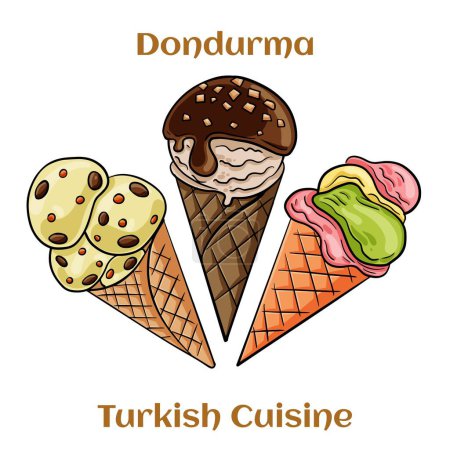 Téléchargez les illustrations : Crème glacée turque Dondurma dans un cône de gaufre. Desserts traditionnels turcs. Illustration vectorielle - en licence libre de droit