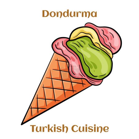 Téléchargez les illustrations : Crème glacée turque Dondurma dans un cône de gaufre. Desserts traditionnels turcs. Illustration vectorielle - en licence libre de droit
