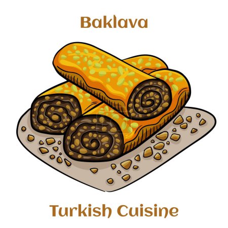 Illustration for Pistachio baklava dessert. Traditional Middle Eastern Flavors. Traditional Turkish baklava. Vector illustration - Royalty Free Image