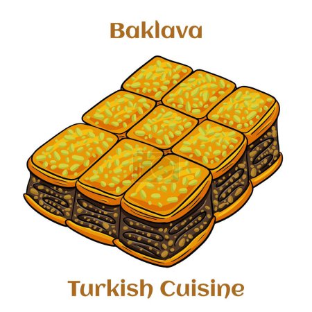 Ilustración de Postre de baklava de pistacho. Sabores tradicionales de Oriente Medio. Baklava tradicional turca. Ilustración vectorial - Imagen libre de derechos