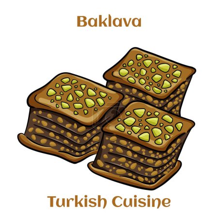 Ilustración de Postre de baklava de pistacho. Sabores tradicionales de Oriente Medio. Baklava tradicional turca. Ilustración vectorial - Imagen libre de derechos