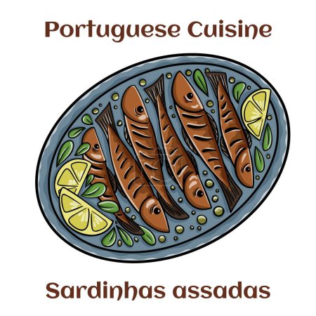 Illustration for Sardinhas assadas. Fried Portuguese sardines. Portuguese traditional dish - Royalty Free Image