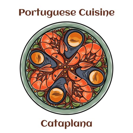 Illustration for Cataplana Portugese Seafood Dish. With lobster, shrimp, mussels and more. - Royalty Free Image