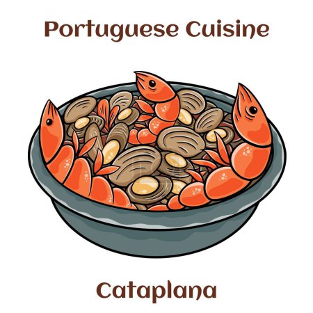 Illustration for Cataplana Portugese Seafood Dish. With lobster, shrimp, mussels and more. - Royalty Free Image