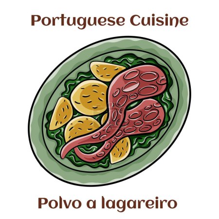 Téléchargez les illustrations : Polvo a lagareiro. Plat traditionnel portugais poulpe grillé aux pommes de terre - en licence libre de droit
